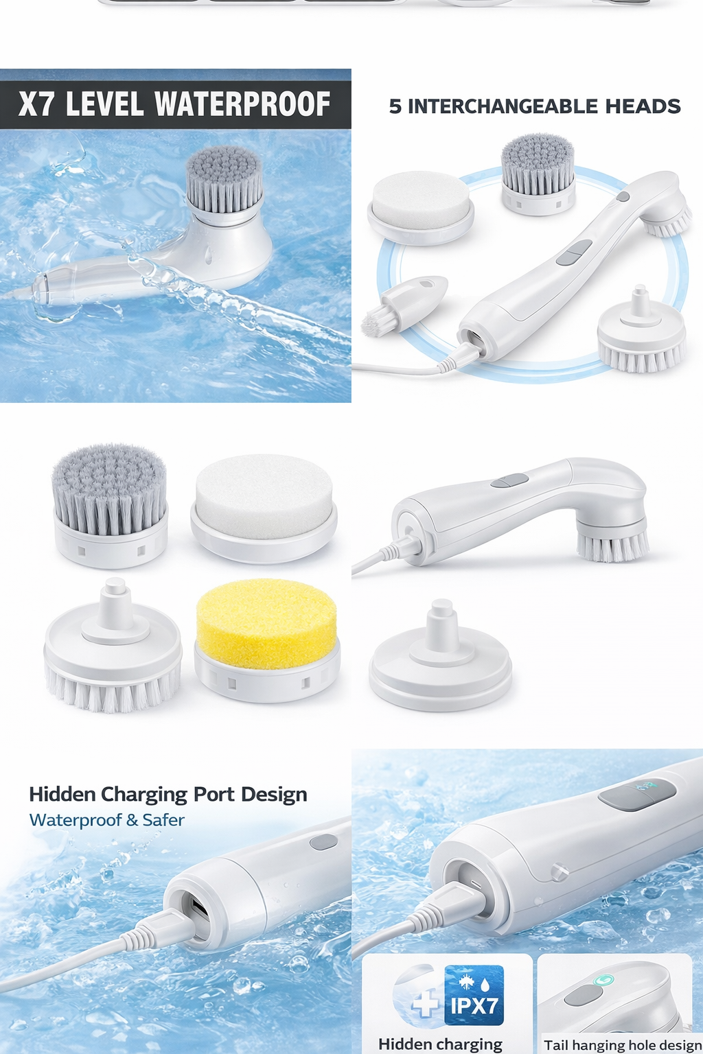 Cordless Electric Spin Scrubber – 5 Brush Heads